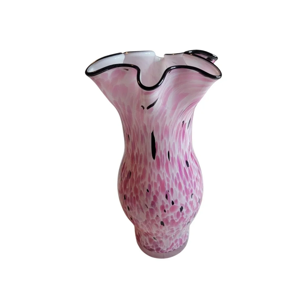 Hand Blown Art Glass Vase Pink Speckled Black White Ruffled Floral Studio Decor